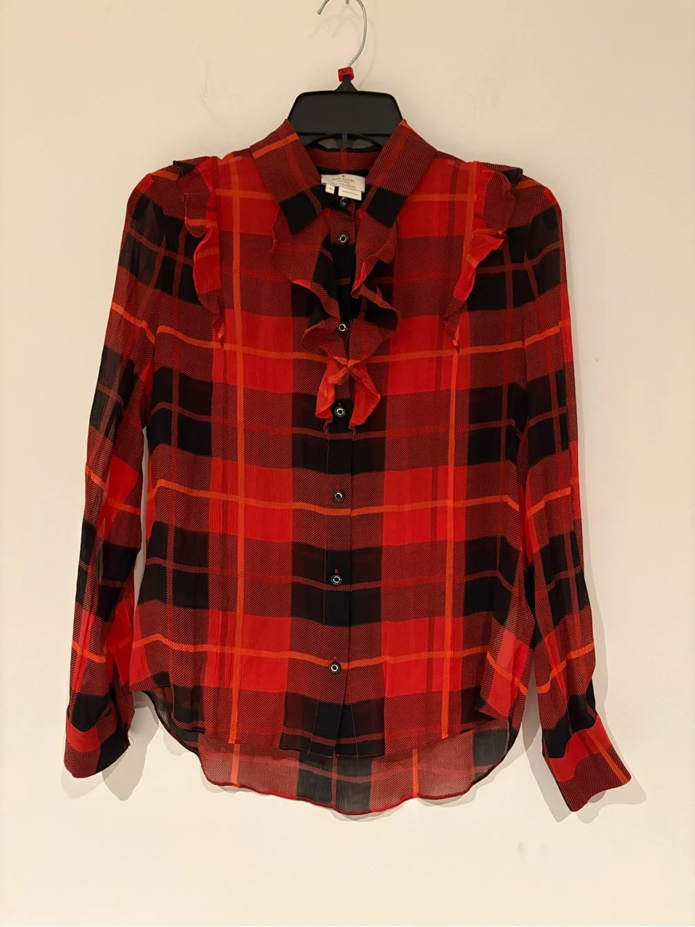 KATE SPADE Plaid Ruffle Front Button-Up Silk Blouse